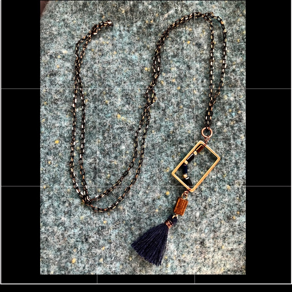 Abstract tassel necklace navy gold 13 1/4 inch